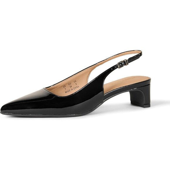 Shoes - Women's Black Patent Pointed Toe Imported Slingback Comfort Blocked Heels